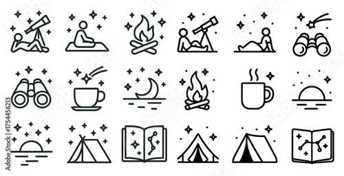 Camping and stargazing line icons set – outline, outdoor adventure symbols