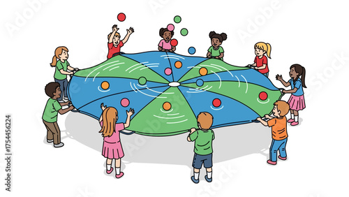 Joyful Children's Play: a circle of children, diverse in ethnicity, working collaboratively to toss and catch balls on a brightly colored parachute, embodying a spirit of playfulness and cooperation.