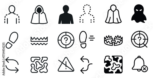 Game development outline icons set – silhouette, linear, character and map symbols