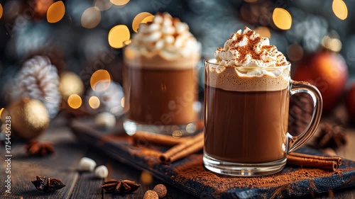 Steaming cups of hot chocolate in cozy holiday setting with aromatic spices