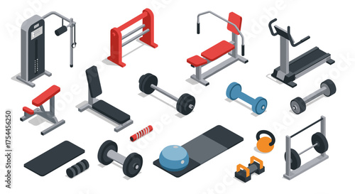 Isometric gym equipment collection with dumbbells, benches, and cardio machines