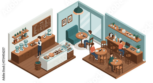 Cozy isometric coffee shop interior with people and decorations in warm tones