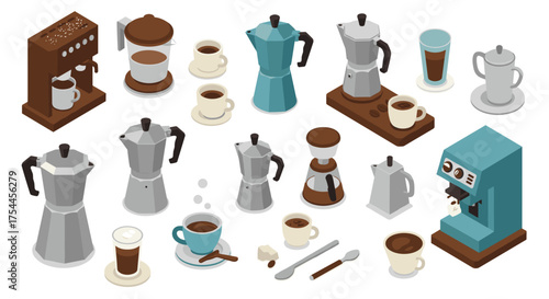 Isometric coffee makers and cups collection featuring various brewing methods