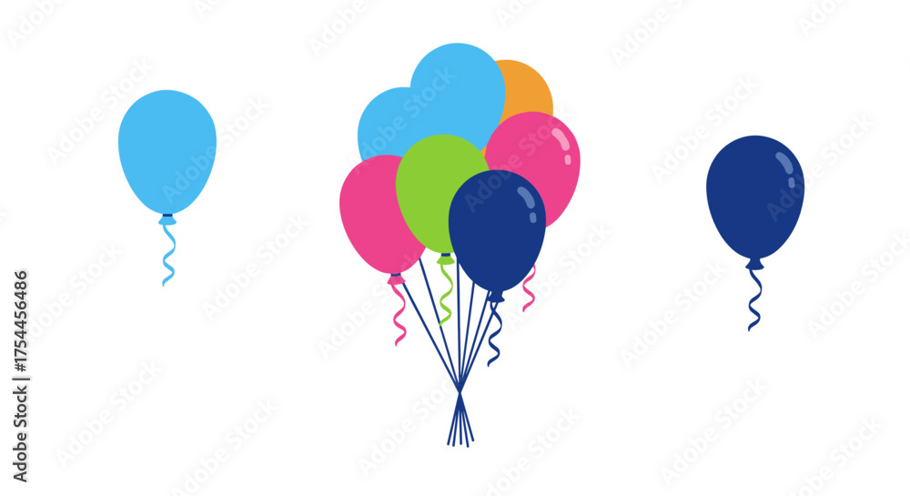 Naklejka premium Vibrant colorful balloons with ribbons in simple design for celebrations