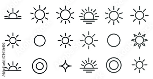 Sunrise and sunset outline icons set – linear, daylight, dawn and dusk symbols