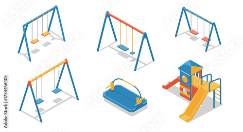 Colorful playground equipment isometric set: swings, slides, and see-saw