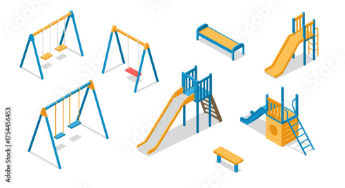 Isometric playground equipment set featuring swings and slides