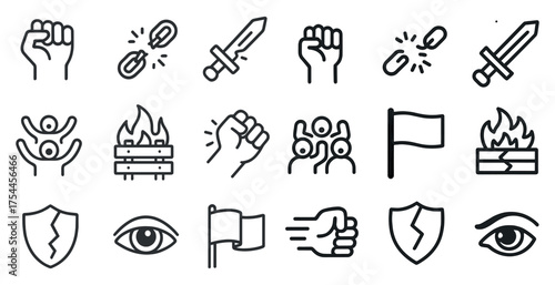 Activism and protest outline icons set – linear, peace, social justice symbols