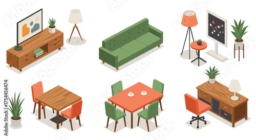 Modern isometric furniture set featuring living room and office elements for interior design