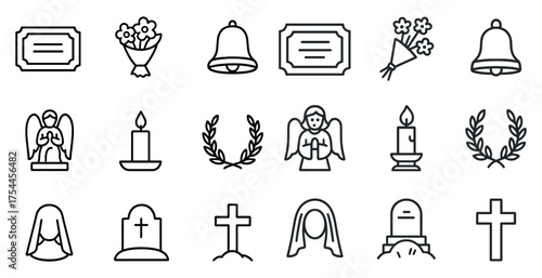 Funeral and memorial line icons set – outline, linear, remembrance symbols