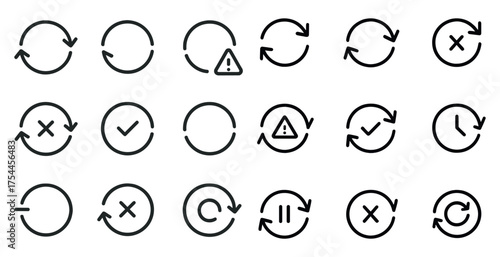 Reload and refresh icons set – linear, outline, update and synchronization graphics