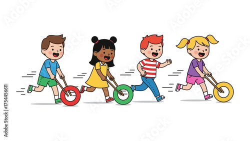Joyful Race with Wheels: Children engaging in playful competition, racing forward with wheeled toys in a vibrant display of fun and movement, depicting joy and childhood adventure.