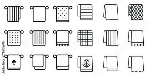 Home and bath outline icons set – flat, linear, towel and textile symbols