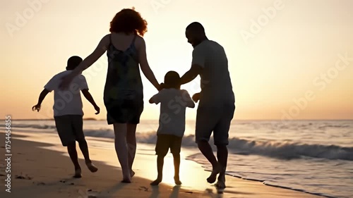 Family walking on the beach at sunset, view from behind