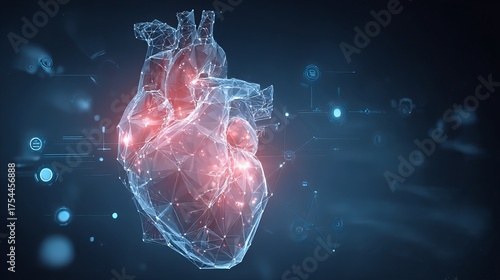Translucent polygons link a realistic heart model to medical network icons, symbolizing innovation in digital smart science for healthcare technology. Vector banner.
 