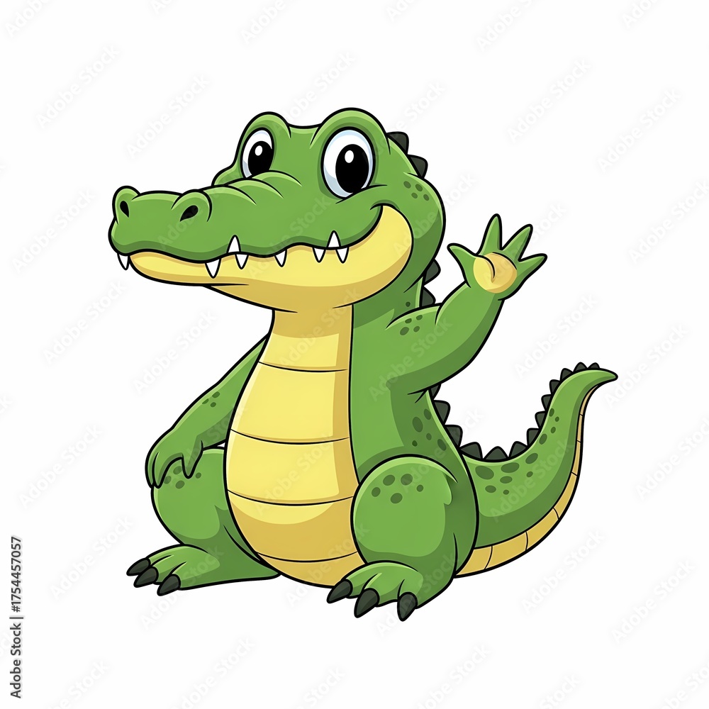 Fototapeta premium Cute Cartoon Crocodile Character Waving Isolated on White Background