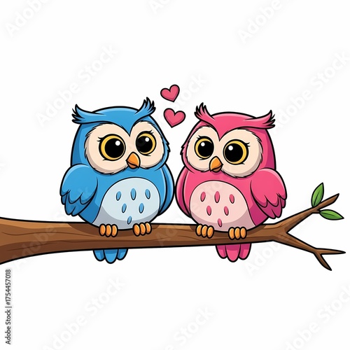 Cute Blue and Pink Owl Couple in Love on Tree Branch Cartoon Illustration