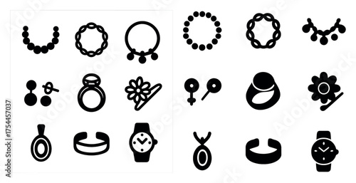 Jewelry silhouette icons set – accessories, fashion symbols, outline designs