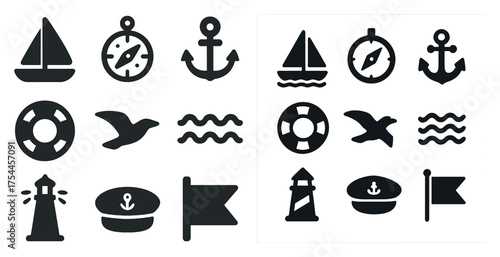 Nautical and marine solid icons set – sea, sailing, ocean adventure symbols