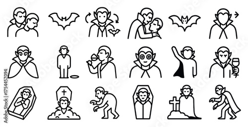 Vampire and halloween outline icons set – spooky, horror, not scary graphics