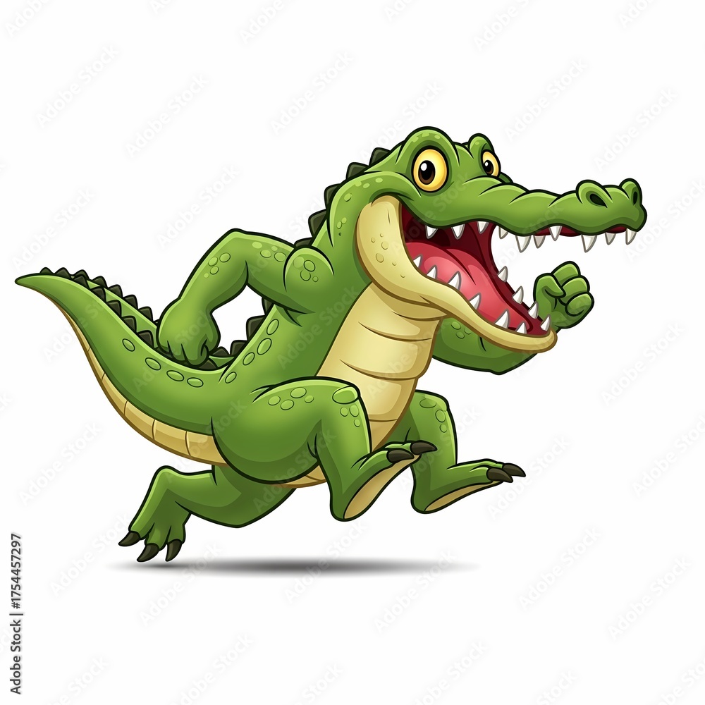 Fototapeta premium Cheerful cartoon crocodile character running with wide smile and energetic expression on bright white background illustration