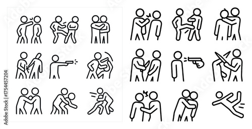 People conflict linear icons set – outline, line, arguing and fighting symbols