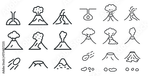 Volcano eruption outline icons set – linear, seismic, natural disaster symbols