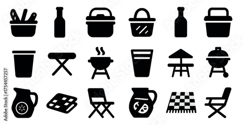 Picnic and barbecue icons set – solid, filled, outdoor and grilling symbols