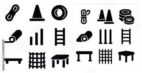 Fitness and training filled icons set – silhouette, gym equipment, workout symbols