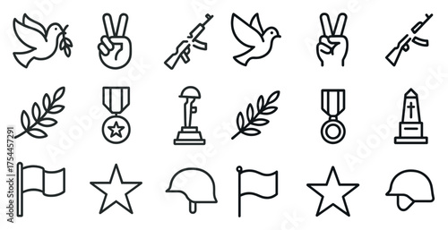 Peace and war outline icons set – linear, symbol, conflict and harmony