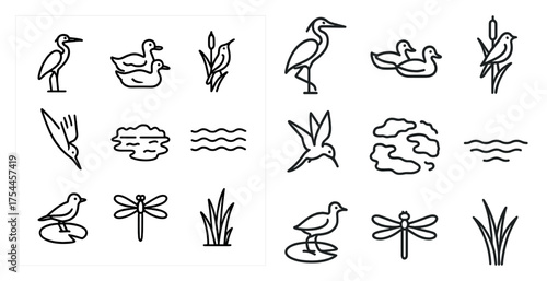 Bird watching outline icons set – avian, wildlife, nature symbols for enthusiasts