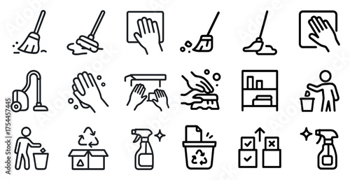 Cleaning and hygiene line icons set – outline, sanitation, housekeeping symbols