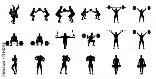 Athletic silhouettes performing various exercises fitness