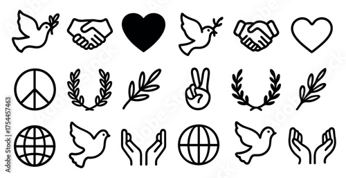Peace and love outline icons set – silhouette, harmony symbols, compassionate designs