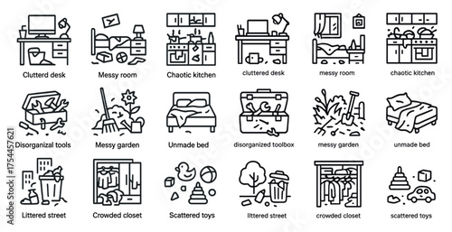 Messy room line icons set – outline, clutter, disorganized and chaotic symbols