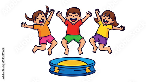 Joyful Leap: Three children, beaming with joy, leap over a colorful inflatable pool, capturing the essence of youthful energy and carefree fun.