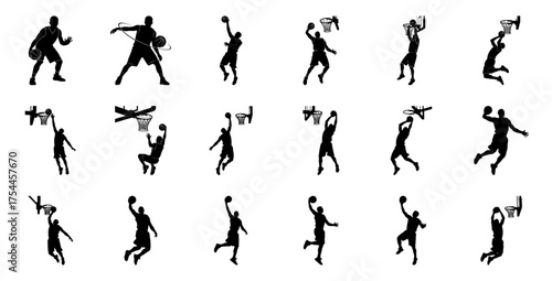 Basketball players in action silhouette dunk