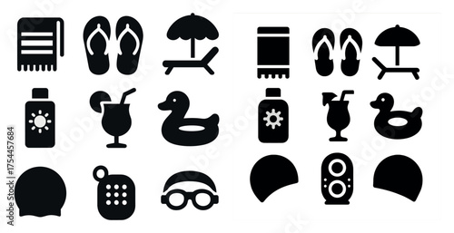 Summer beach solid icons set – filled, vacation and holiday symbols