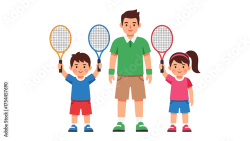 Family Tennis Fun: A family, comprised of a father and two children, stands together, rackets raised, in a colorful display of family bonding and athletic spirit.