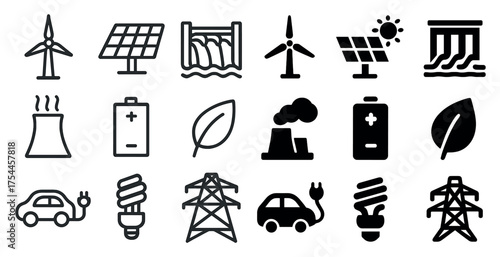 Renewable energy icons set – outline, solar, wind and eco-friendly symbols