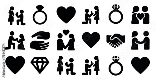 Engagement and proposal icons set – silhouette, symbols, love and marriage signs
