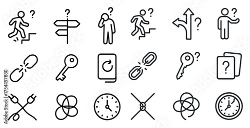Navigation and decision-making outline icons set – pathfinding, choice, direction symbols