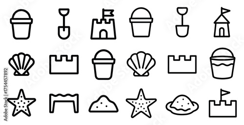 Beach and summer outline icons set – line, seaside, vacation essentials symbols