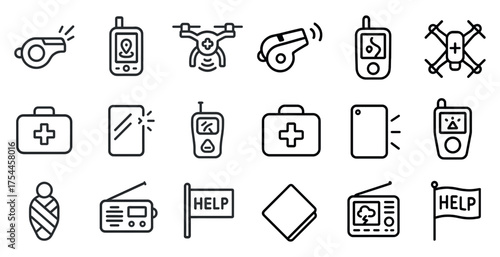 Emergency and rescue line icons set – outline, aid and safety communication symbols