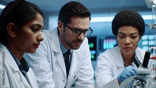 Three scientists in lab coats working together, looking at a microscope, serious expressions
