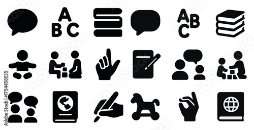 Education and learning solid icons set – filled, school, study symbols