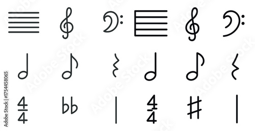 Music and audio outline icons set – line, symbols, melody and notation