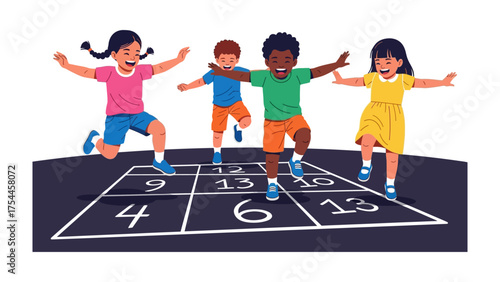 Kids Playing Hopscotch: A group of children enjoys a lively game of hopscotch. They leap, and move, celebrating childhood, against a school yard backdrop. 