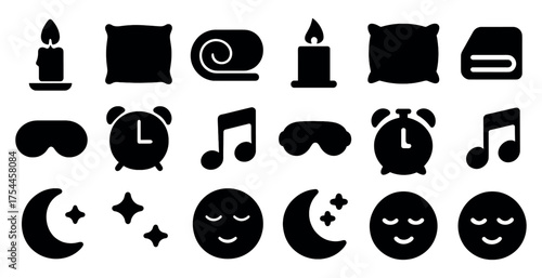 Sleep and relaxation icons set – solid, silhouette, bedtime and rest symbols