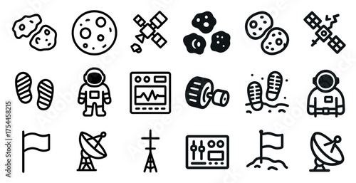 Space and astronomy outline icons set – filled, linear, celestial exploration designs